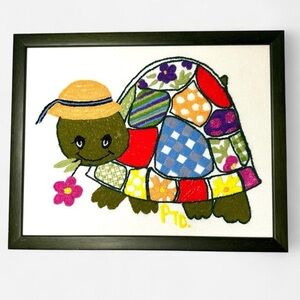 Vintage Needle Point, Framed Turtle Art Work, Wall Decor